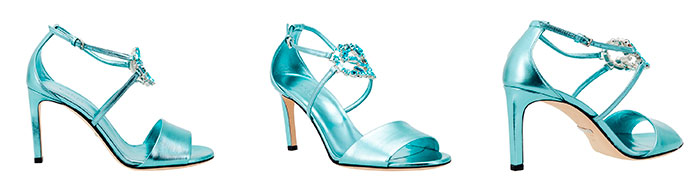 Голубые босоножки Gucci с кристаллами на пряжке в LePodium